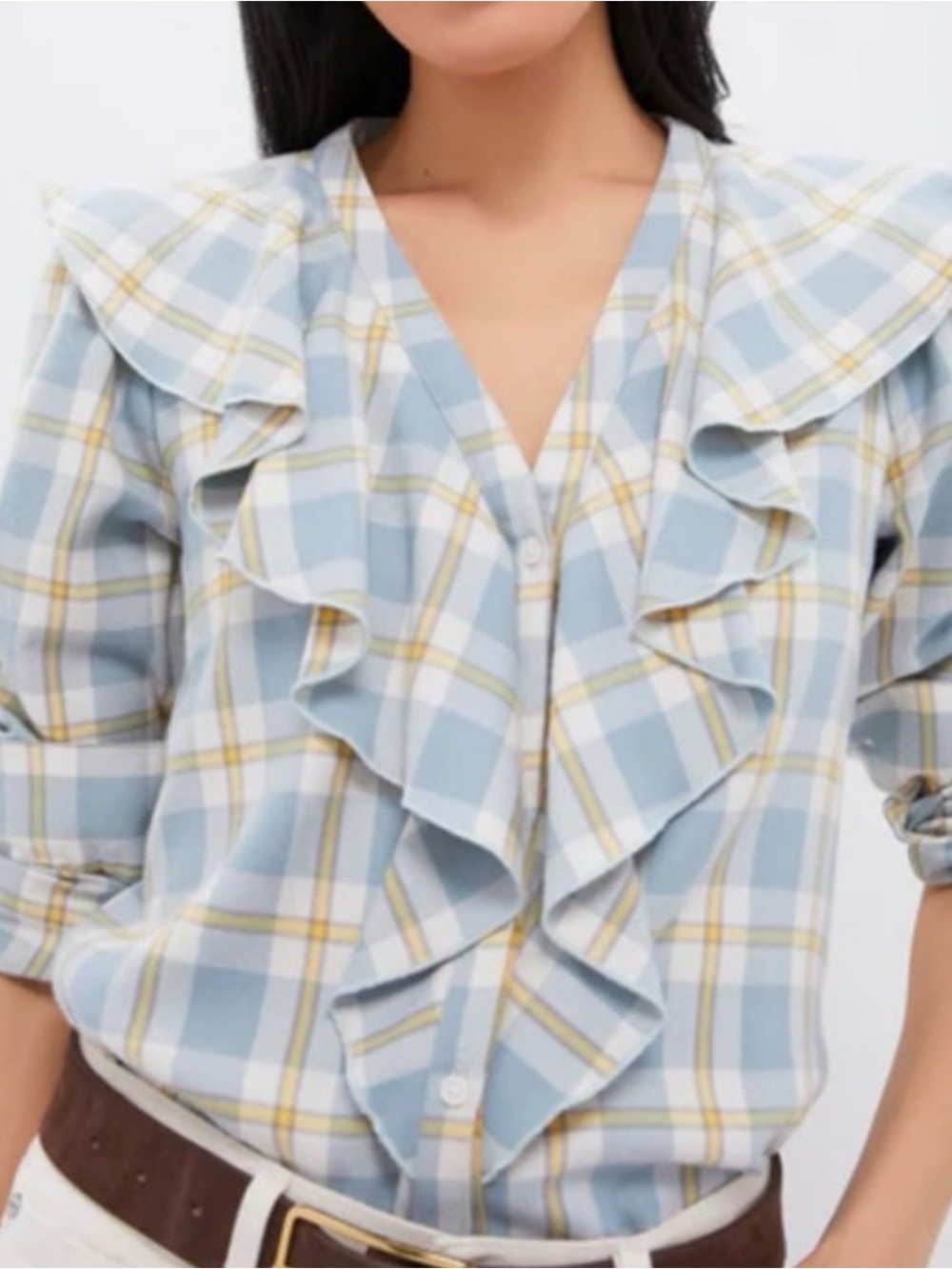 Tuckernuck Eileen button front Blue and Yellow Plaid Ruffle V-Neck Blouse large